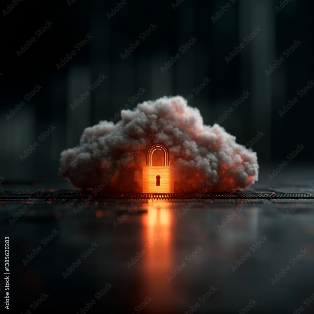 Poster a glowing padlock in front of a cloud on a reflective surface in a dark environment with red accents