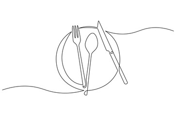 Continuous one line drawing of fork, plate, knife and spoon. Single line drawing illustration Cutlery set. Hotel and Restaurant concept vector art. Line vector illustration.