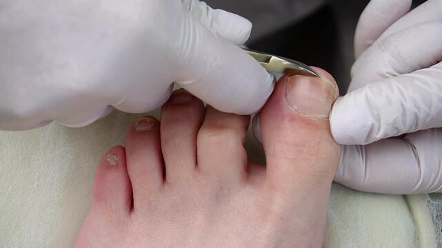 A pedicurist trims a client's toenails with pedicure nippers in a salon