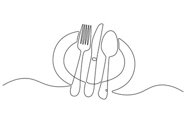 Continuous one line drawing of fork, plate, knife and spoon. Single line drawing illustration Cutlery set. Hotel and Restaurant concept vector art. Line vector illustration.
