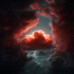 Fototapeta premium A dramatic view of red and gray clouds with a bright opening in the center of the sky above them all