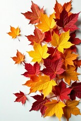 Fototapeta premium Top view of a scattered pile of brown autumn leaves on white table, dry, outdoor