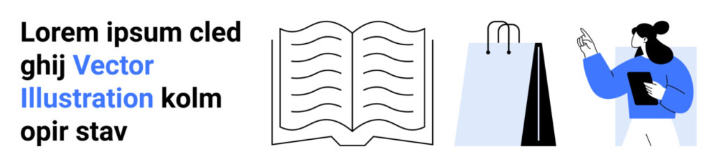 Open book with wavy lines, shopping bags, and a woman pointing while holding a tablet. Ideal for education, e-commerce, productivity concepts, marketing, reading, shopping interfaces simple landing