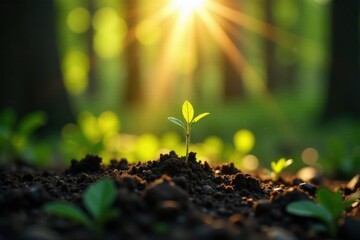 Tiny seedling stretching towards sunbeams in forest, leaves, sunlight, growth