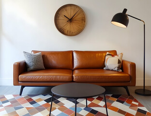 Modern sofa with black floor lamp and coffee table against a white wall, a brown leather fabric couch on a geometric carpet in the minimal home interior design of a modern living room.