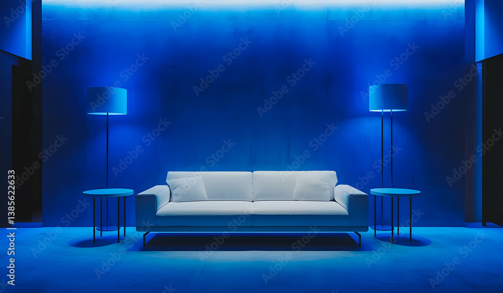 Poster a white leather sofa is centered in an empty room with blue lighting. a floor lamp and side table ar