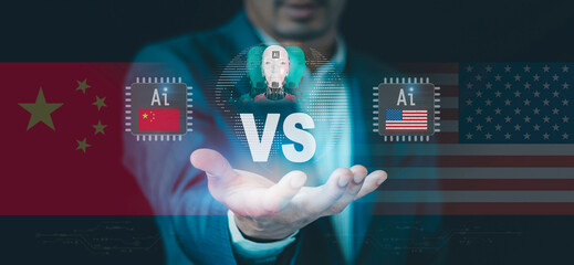 AI tech war Concept. battle of Artificial Intelligence Development,  China and United States CPU...