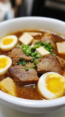 Delicious bowl of beef ramen topped with egg and tofu in a cozy restaurant setting during dinner time