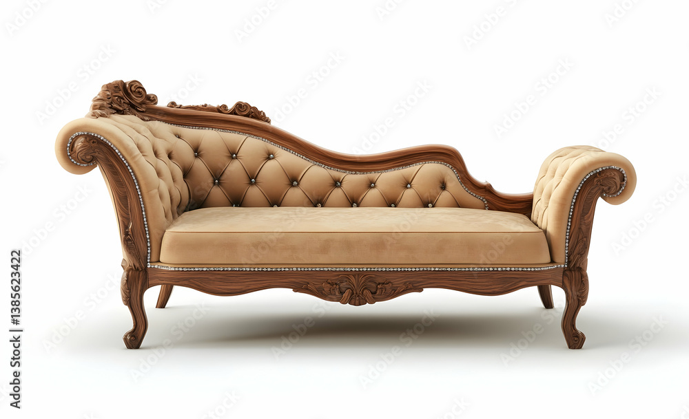 Poster 3d rendering of an elegant chaise longue with diamond buttons and a carved wood frame, isolated on a