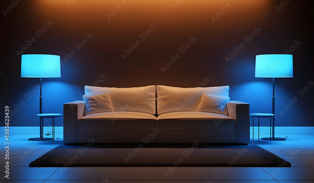 Poster a white leather sofa is centered in an empty room with blue lighting. a floor lamp and side table ar