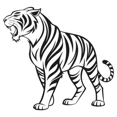 Naklejka premium tribal tiger, geometric pattern, black and white illustration, stylized animal art, roaring feline, bold lines, diamond shapes, symmetrical design, monochrome, abstract big cat, native art influence, 