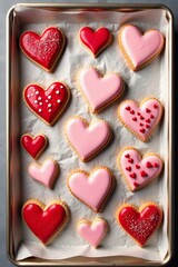 Obraz premium Overhead view of heart-shaped Valentine's Day cookies on a baking sheet, festive, kitchen