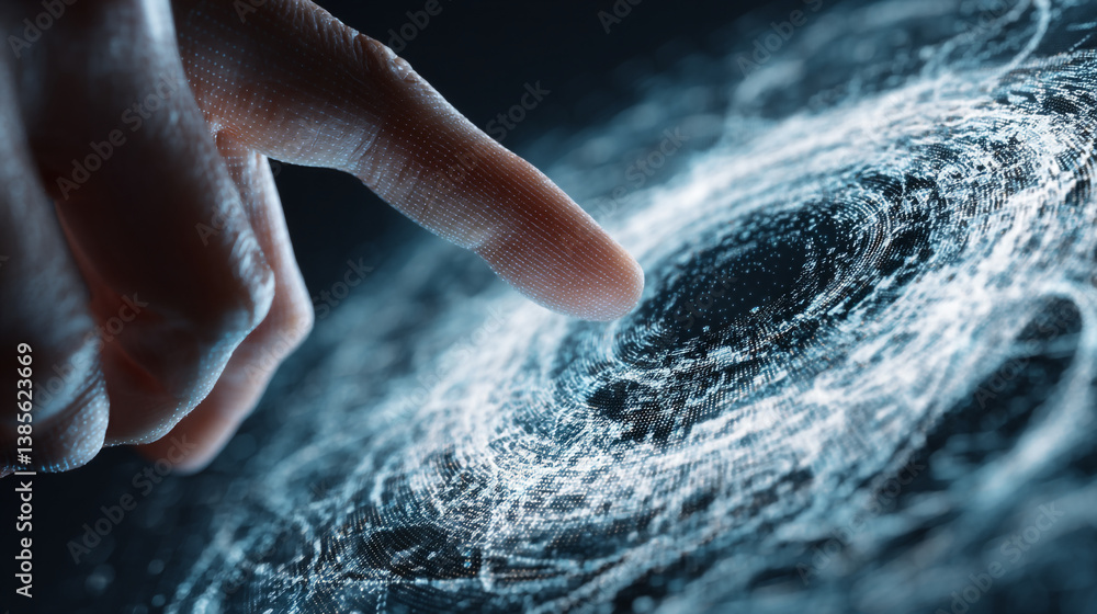 Poster a finger touching a swirling digital surface with glowing particles in a dark environment closeup vi