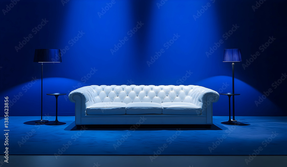 Poster a white leather sofa is centered in an empty room with blue lighting. a floor lamp and side table ar