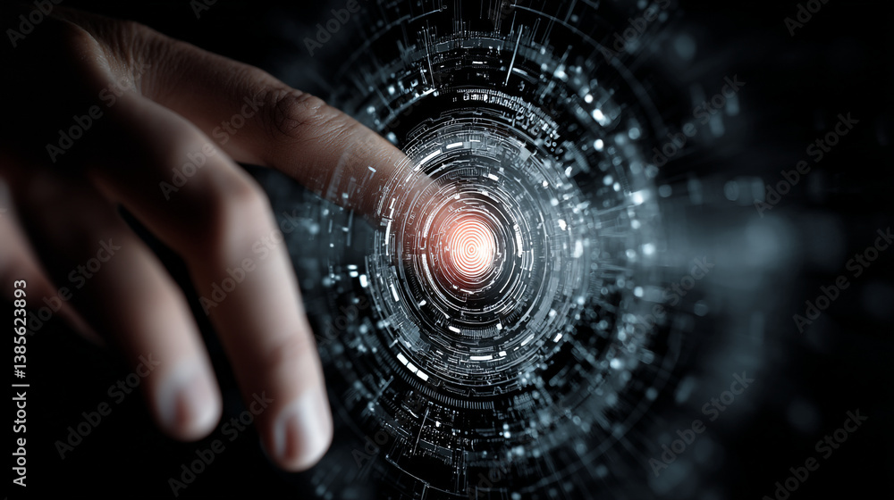 Poster a finger touching a complex futuristic interface with glowing core and intricate digital patterns