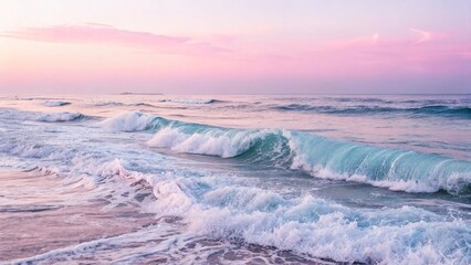 Obraz premium Pastel Ocean Waves Serene Coastal Sunset Beach Scene