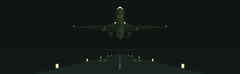 Night airplane takeoff vector illustration. Front view of aircraft leaving dark runway with lights. Minimal modern scene of aviation, travel or departure concept