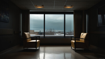 Fototapeta premium Two chairs facing a large window overlooking a city skyline on a cloudy day in a dimly lit room