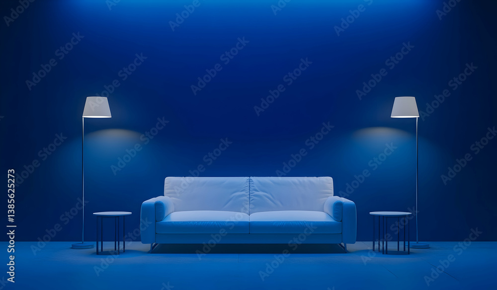 Poster a white leather sofa is centered in an empty room with blue lighting. a floor lamp and side table ar
