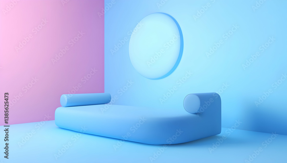 Poster 3d render of a minimalistic blue sofa on a blue background with copy space, 2/5 of the image reserve