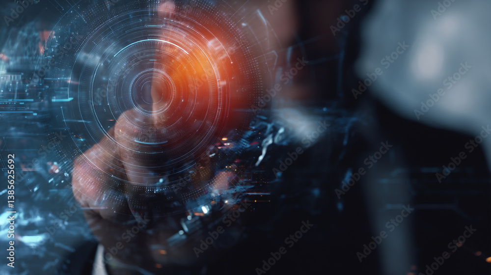 Poster a person interacting with holographic display with glowing circles and abstract data visualizations