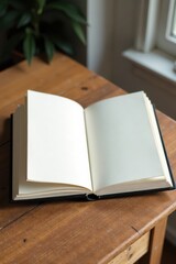 A blank vertical photo album with plain white pages and a sturdy wooden frame, empty except for a few scattered polaroids , minimalist, art