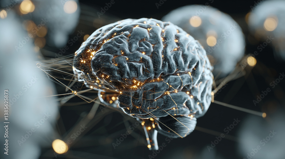 Aufkleber close up of a futuristic brain with glowing connections and a dark blurred background design element