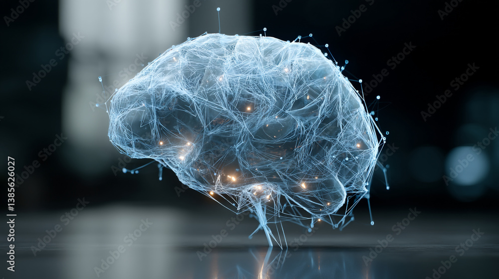 Poster a translucent brain with glowing nodes and connecting lines on a blurred background