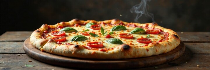 A steaming hot pizza placed on an old, worn-out wooden table, hot pizza, oven baked, wood grain texture