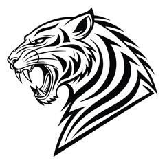 Obraz premium tribal tiger, geometric pattern, black and white illustration, stylized animal art, roaring feline, bold lines, diamond shapes, symmetrical design, monochrome, abstract big cat, native art influence, 
