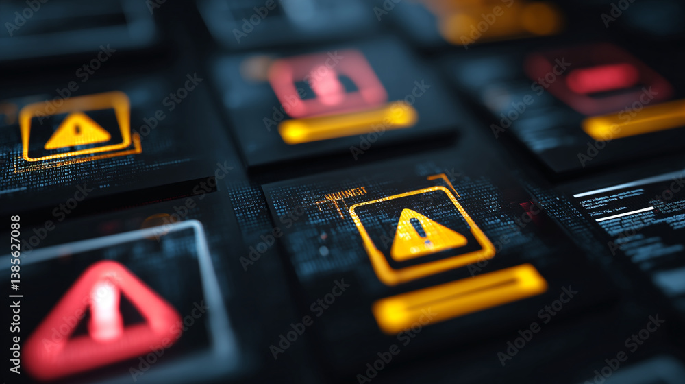 Poster close up of multiple warning signs displayed on a dark interface with digital text overlayed
