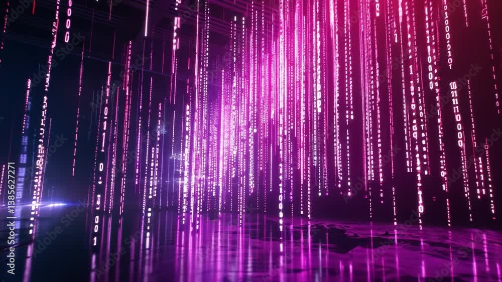 Poster vibrant digital landscape immersive abstract of cascading binary code in pink and purple, evoking fu