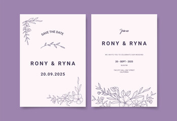 Elegant Floral Wedding Invitation, minimalist with hand drawn flower and leaves decoration