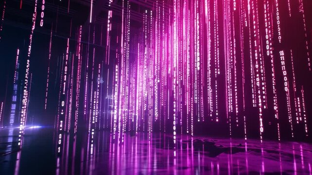 Vibrant Digital Landscape Immersive Abstract of Cascading Binary Code in Pink and Purple, Evoking Futuristic Technology and Glowing Data Streams.