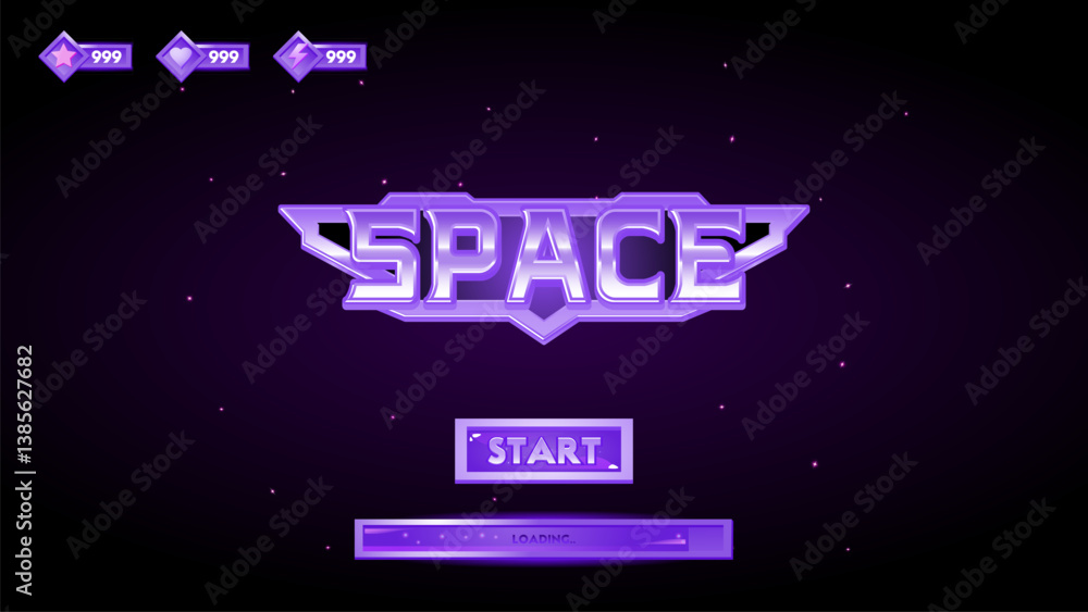 Fototapete fantasy violet space game ui screen template with button and loading bar