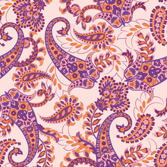Turkish Cucumber Paisley. Seamless vector pattern in traditional oriental style with flowers, leaves and fantasy elements. Fabric and wallpaper cover