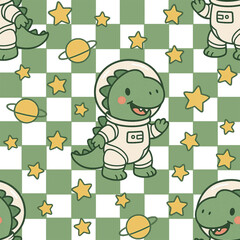 Cute space pattern with dino astronauts. Seamless cosmic print with dinosaurs for babies