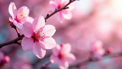 Obraz premium Delicate pink sakura blossoms, full bloom, soft petals , pastel, sakura tree