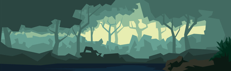 Forest landscape vector illustration. Abstract flat jungle scenery with trees, mist and morning light. Minimal layered design with nature silhouettes, peaceful wilderness mood.