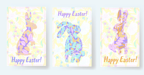 Happy Easter vector set of cards with bunny, flowers and botanical elements, with the phrase 