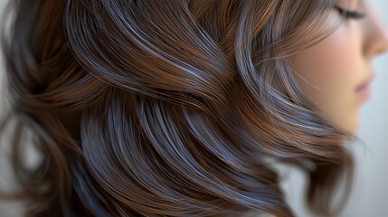 Naklejka premium Close-up of Luxurious Brown Hair with Subtle Highlights, Soft Curls and a Smooth Texture, Exquisite Beauty and Haircare