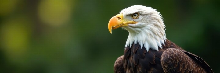 Naklejka premium Close-up of bald eagle's head with sharp talons and beak, perched on a branch, sharp talons, birds perched, bald eagle