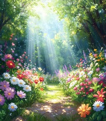 A vibrant, sunlit pathway surrounded by lush flowers and greenery, creating a serene and enchanting natural scene.