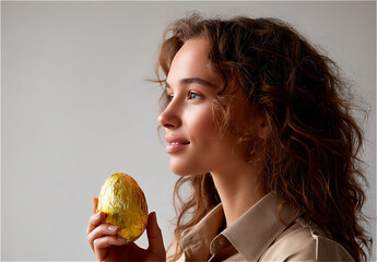  Mulher contemplativa segurando ovo de Páscoa dourado