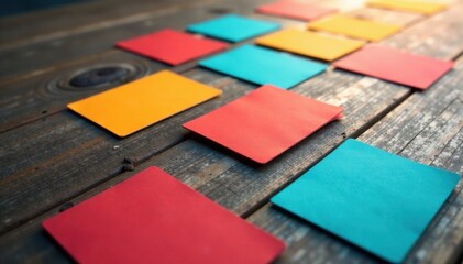 Colorful business cards scattered on a wooden table , vibrant colors, modern decor, office supplies