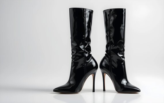 Pair of sleek black high heeled stiletto boots on white background, woman black high heel boots mockup 
