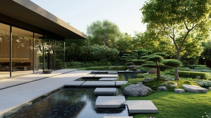 A refined landscape composition merges natural textures and modern geometry, with rectangular koi ponds, gravel-lined pathways.
