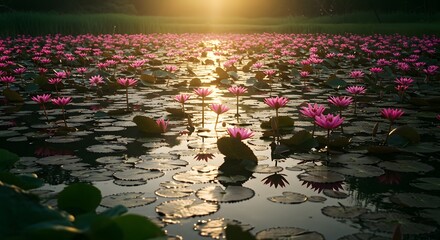 Water Lilies in Pond at Sunset