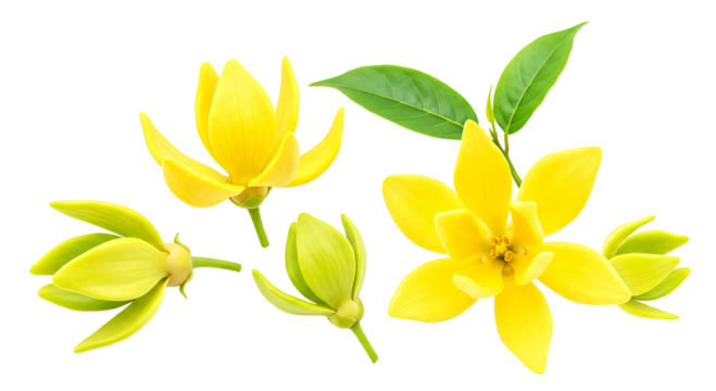 Realistic Ylang-Ylang Flower and Leaves Clipart On Transparent Background


