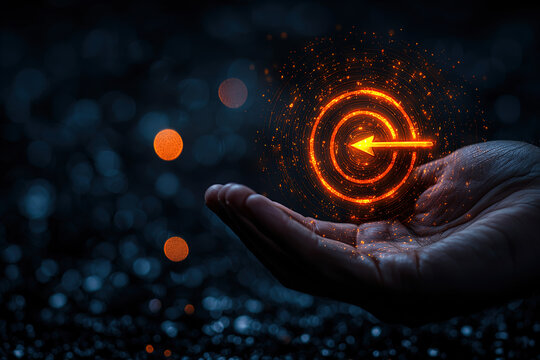 A businessman's hand holds a virtual target icon with an arrow in the center, against a dark background.